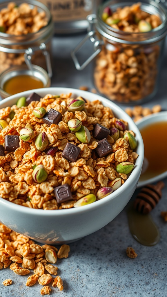 A bowl of Knafeh-inspired granola with baked oats, kataifi, pistachios, and Dubai Chocolate, set on a rustic kitchen countertop.